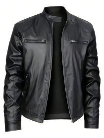 Men's Stand-up Collar Leather Jacket Business Casual Jacket (Option: Black-S)